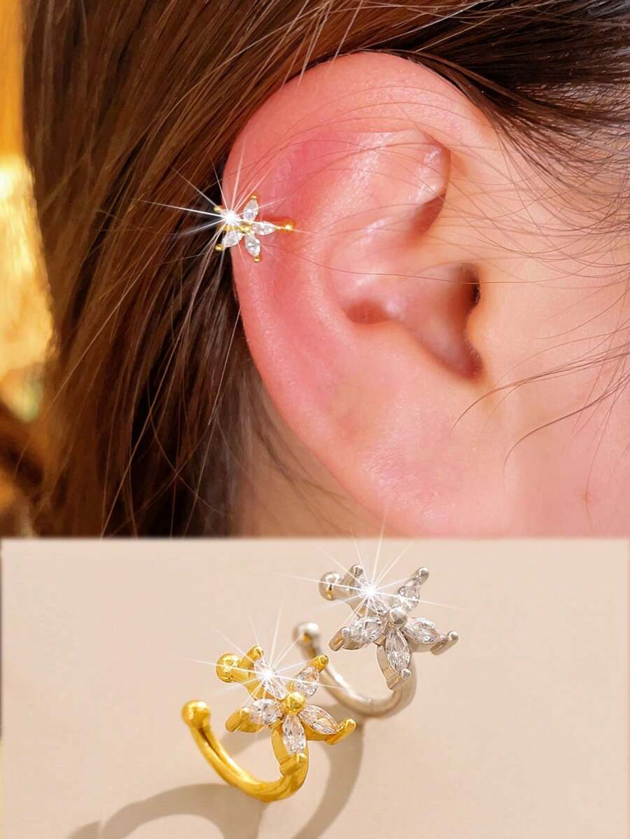 1 peça de presilha de orelha de flor de zircônia cúbica de cobre e pentagrama, design sem piercing, adequado para uso e presente feminino
