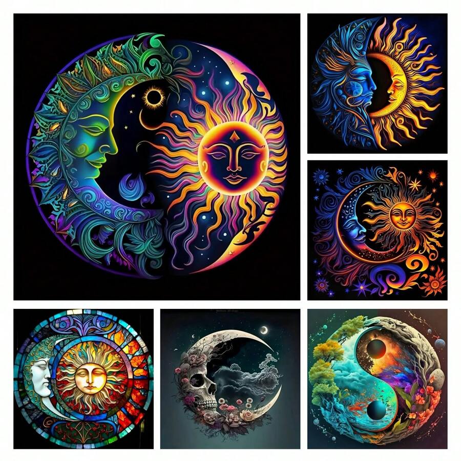 Kit creativo per pittura di diamanti 5D fai-da-te, con volti di sole e luna vibranti, con diamanti acrilici tondi, per punto croce, decorazione da parete, regalo di Ringraziamento, regalo per la casa, decorazione mistica con arte di diamanti acrilici