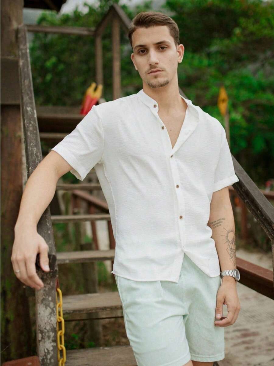 Men's Short Sleeve Shirt With Priest Collar Elegant Casual Party Work