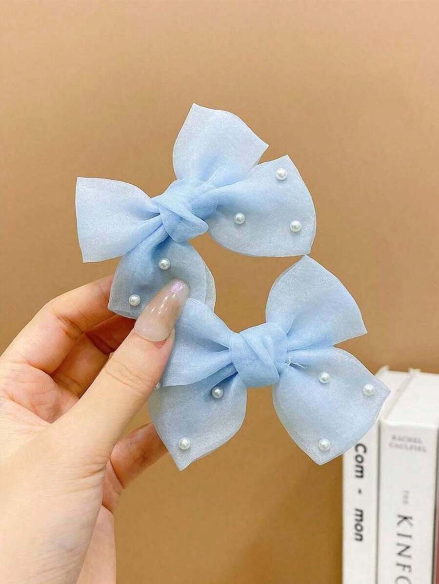 Blue Bow Party Headdress And Faux Pearl Decorative Hair Clips, Pearl Bow Hair Clips, Blue With Pearl Design Suitable For Wearing When Attending A Party, Versatile Party Hair Accessories