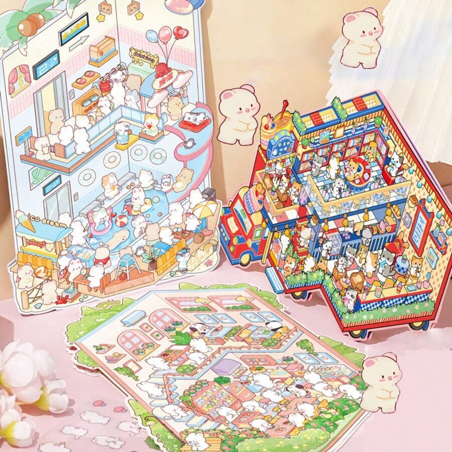 Big Plus Size Sweet Cute 3D Cartoon Sticker Scenes, DIY House Stickers For Water Park, Spring Restaurant, Bath Centre, Coffee RV, Garden Stroll, 3D Miniature Scene Stickers For Adult Kids Relief Stress Pass The Time
