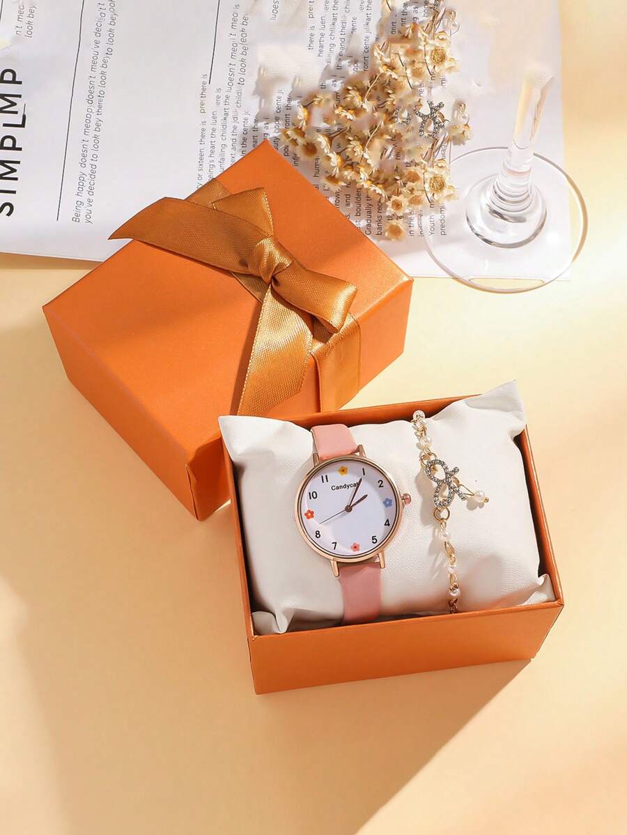 Set de 2 piezas: Reloj de cuarzo con esfera redonda y números árabes minimalista + pulsera con forma de mariposa, adecuado para regalo de cumpleaños, uso diario, etc. (sin caja)