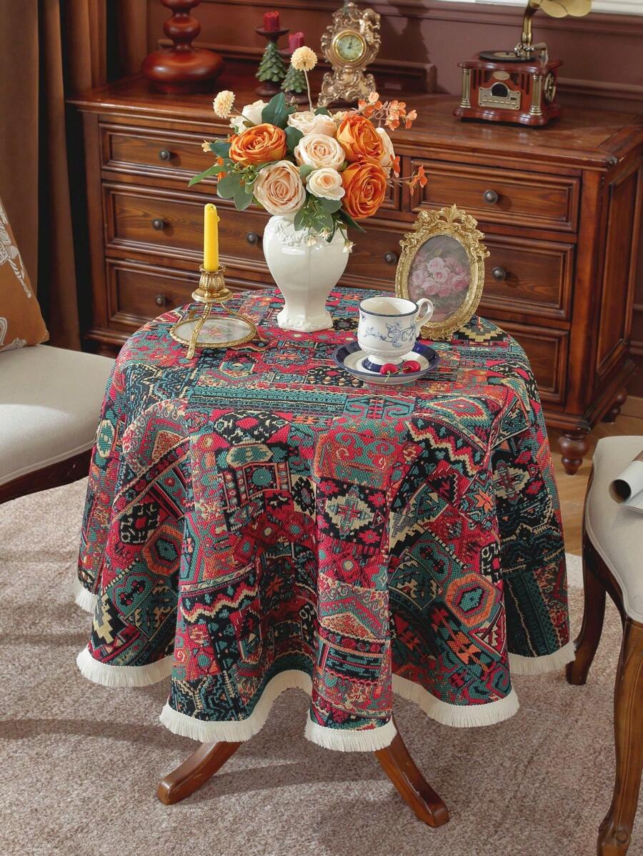 1pc Vintage Style Round Tablecloth With Dense Tassels, American Countryside Vibe, High-Quality, Suitable For Afternoon Tea Dessert Decoration, Picnic Parties, And Dining Tables
