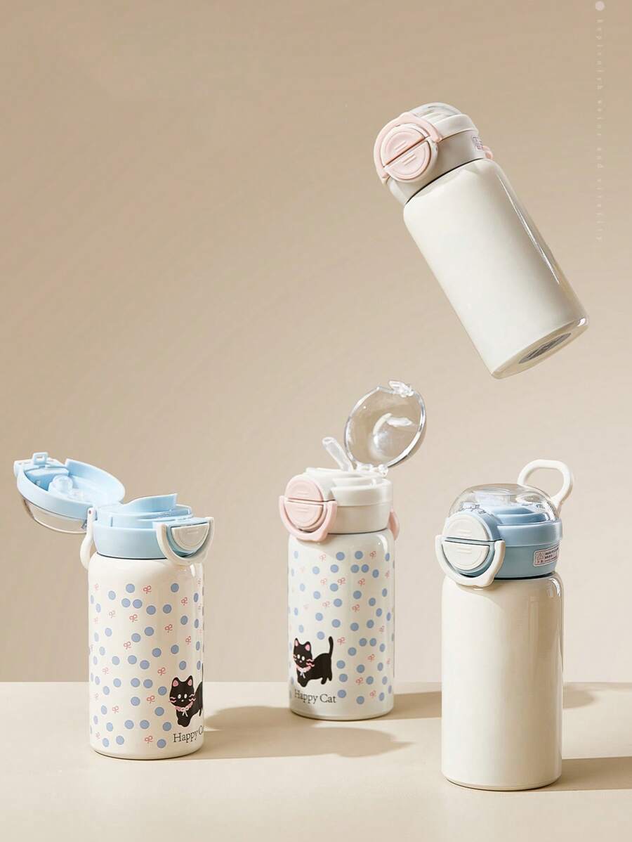 1 pieza Botella de agua para estudiantes, vaso aislado con doble pajita para niños, diseño lindo de estrella, planeta y gato negro, termo portátil de alta calidad
