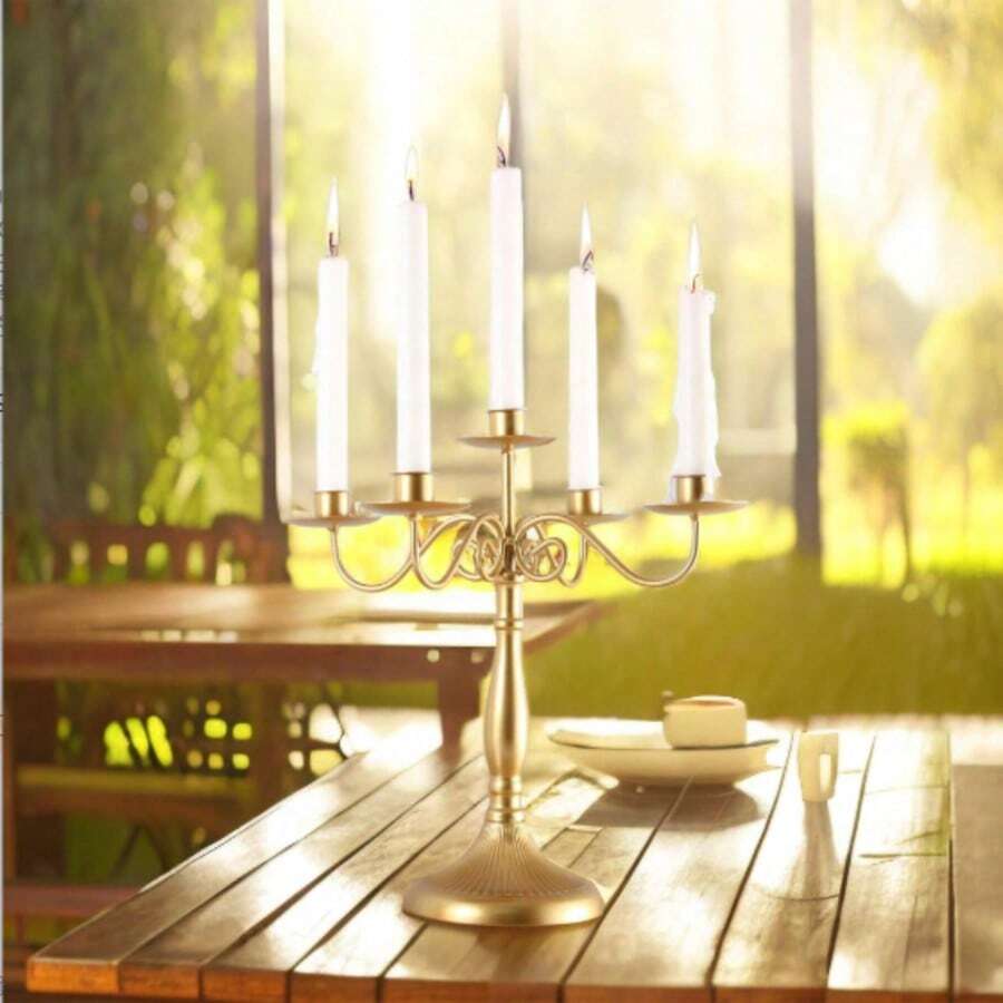 1pc Vintage Gold Candle Holder - Metal Candelabra With 3 Or 5 Arms, For Formal Events, Weddings, Churches, Holiday Decorations, Christmas - Cone Shaped Candle Stand - Decor Accessory