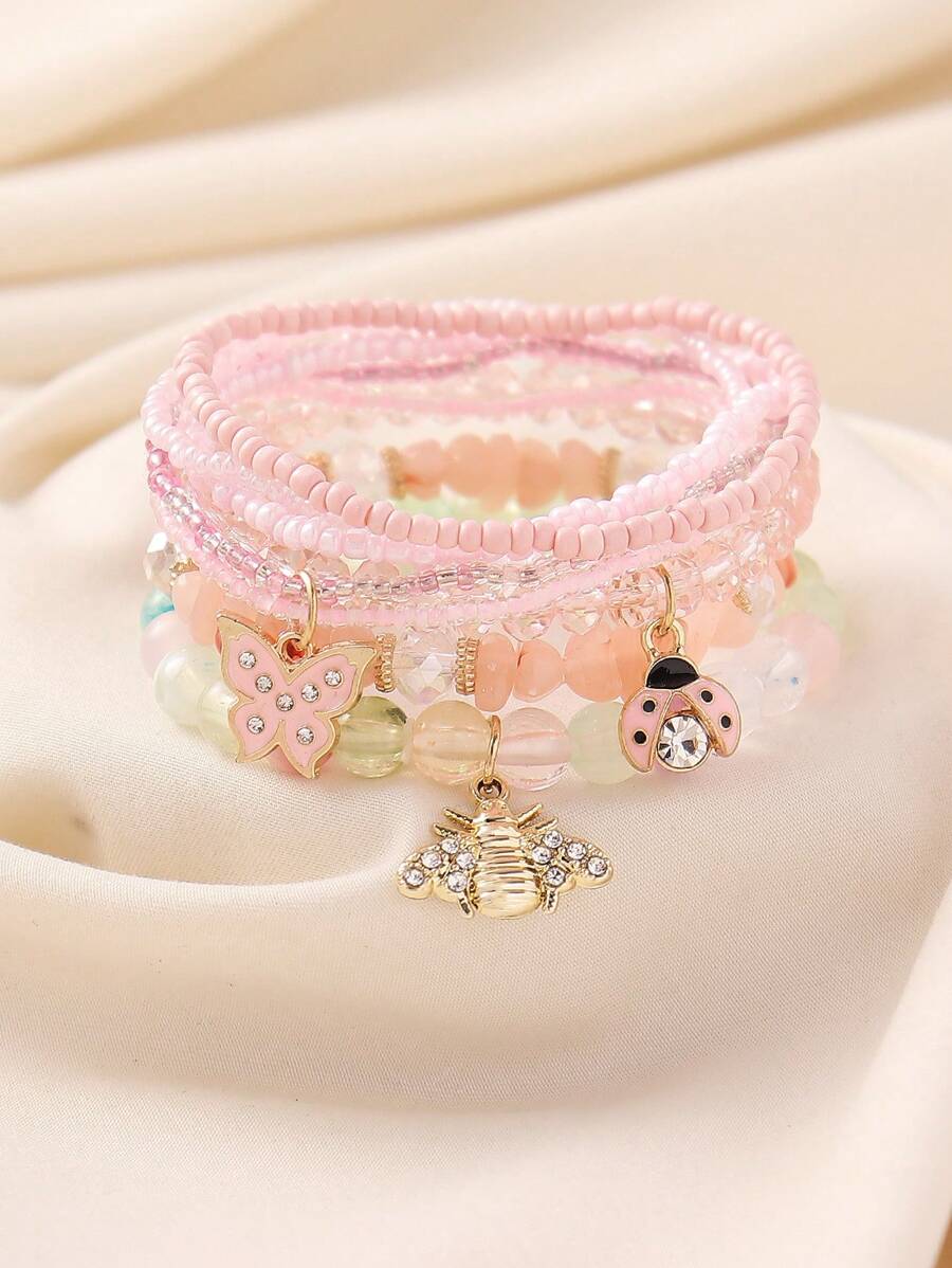 Conjunto de 7 pulseiras com pingentes de borboleta, abelha e joaninha, estilo boêmio, adequadas para mulheres, uso casual, praia e férias