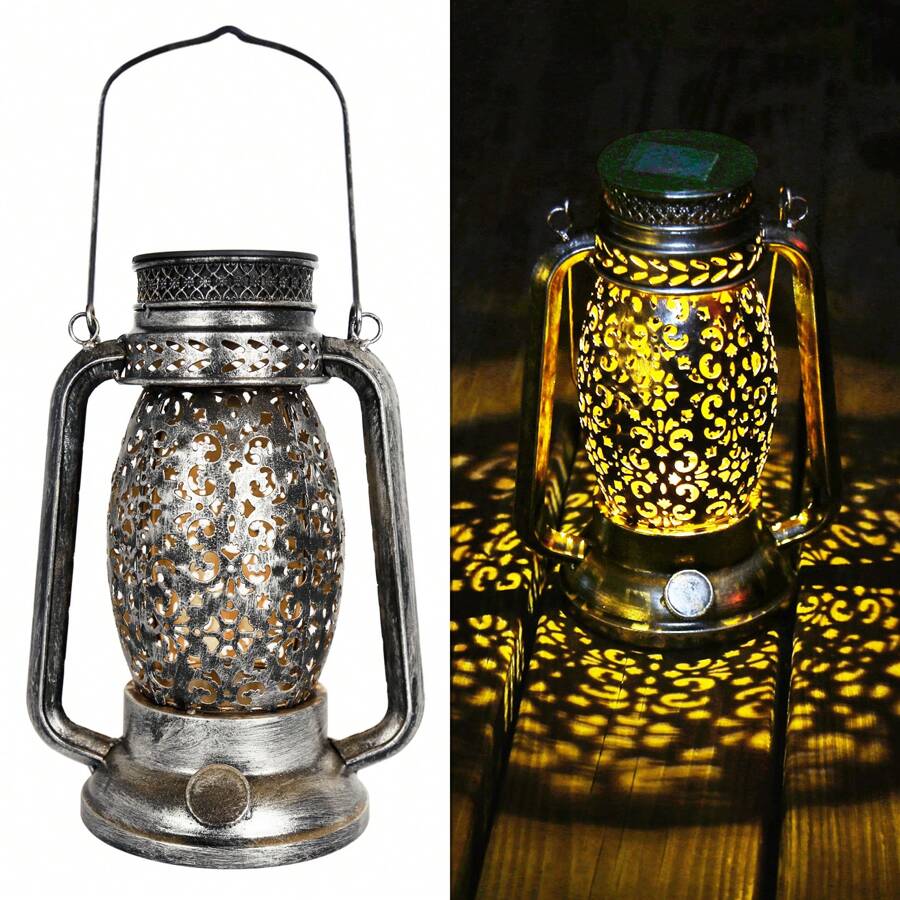 1pc Solar Powered Outdoor Lantern, Solar Hanging Light, Silver Iron Hollow Flower Pattern Decorative Lamp, Waterproof Outdoor Lamp For Table, Patio, Yard, Party Decor