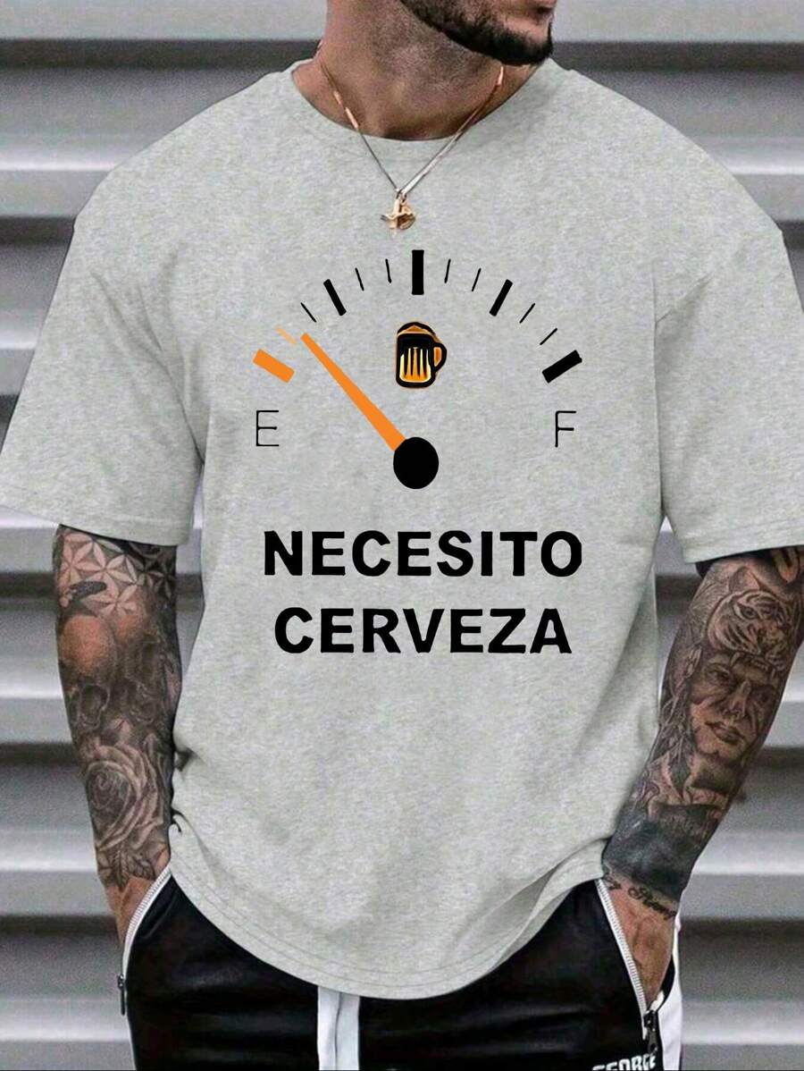 Camiseta de manga corta con cuello redondo con estampado de medición de cerveza para hombres