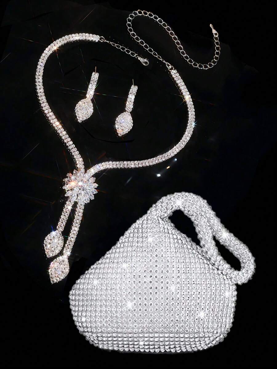 Conjunto de Bolsa de Embreagem Decorada com Strass Luxuosa de Moda para Mulheres, Colar e Brincos, 3 Peças de Joias para Eventos Formais