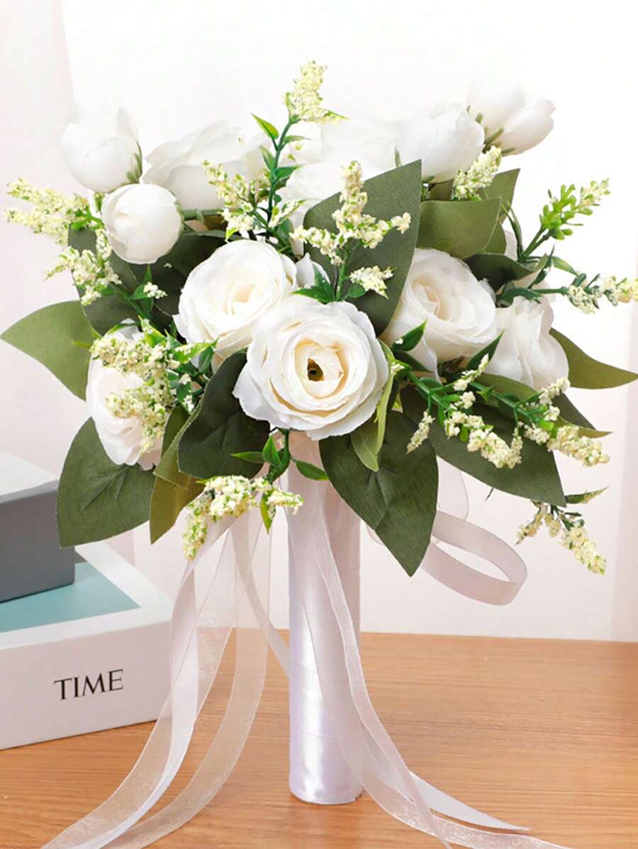 1 Strauß weiße/champagnerfarbene/blaue Hochzeitsbrautblumen, Schleifen-Dekoband mit Perlen Brautstrauß, romantische Blumenanordnung, westlicher Stil künstlicher Blumenstrauß