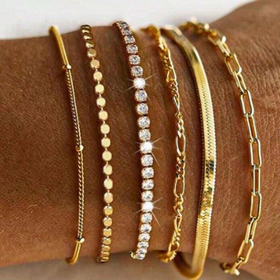6pcs Punk Minimalist Chain Link Bracelet Set, Suitable For Women's Daily Wear (Length Can Be Cut, Not Counted By Beads)