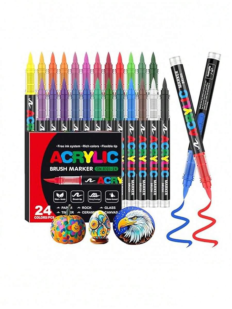 24 Farben Acrylmarker, weicher Pinselkopf Acrylfarbenmarker zum Ausmalen, für Glas, Stoff, Eier, Felszeichnungen und DIY Kunst & Handwerk Kritzeleien, Geschenke für Freunde zur Schulanfang