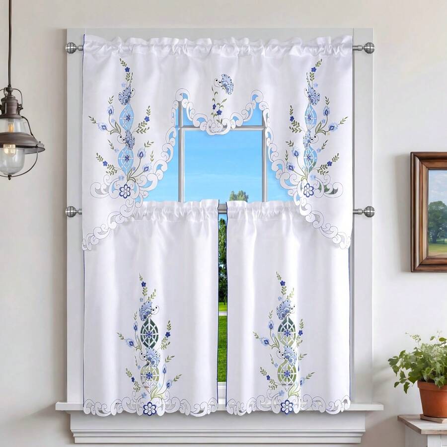 3pcs Spring Floral Curtain Set - Embroidered Butterfly Curtain Set, Handcrafted Cutwork Design, Light-Filtering Polyester Satin Rod Pocket Curtain Set For Kitchen, Living Room, Bedroom, Bathroom - With Butterfly Accents For Wedding Party,Outdoor Decor