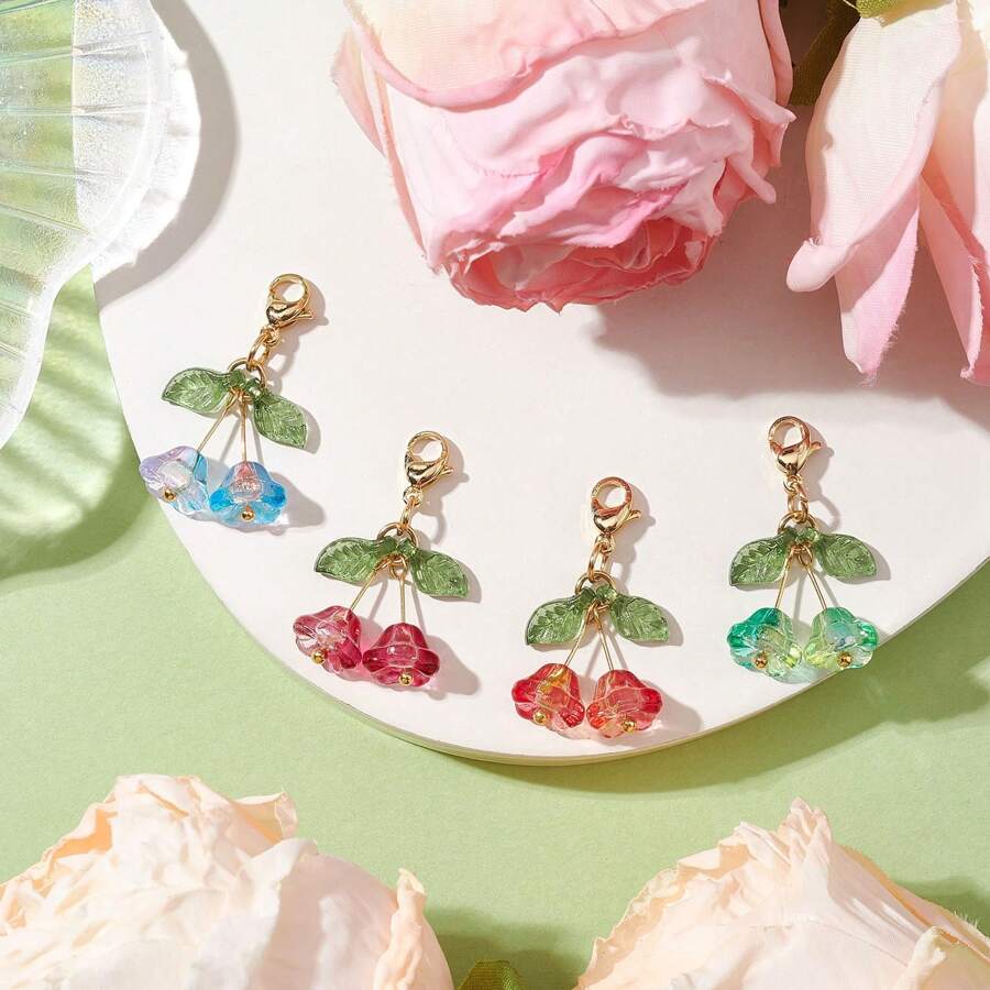 Set de 4 decoraciones colgantes de flor de vidrio y acrílico, dijes con mosquetón, para bolsos, llaves, collares, joyería o accesorios de automóvil, colores variados, 30mm