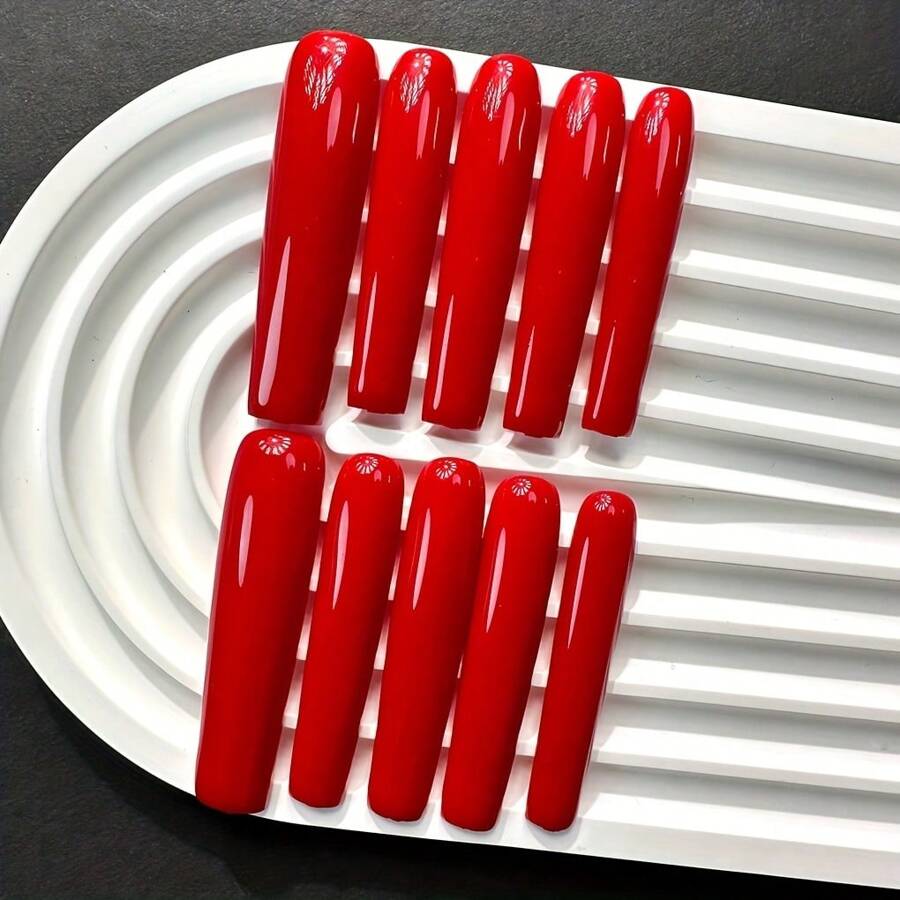 10pcs Spring/Summer New Style Super Long National Red Water Pipe Party A Shape Armor Simple Style Pure Handmade Wearing Armor Press On Fake Nails Used For Parties, Birthday Gifts, Weddings, Daily Life