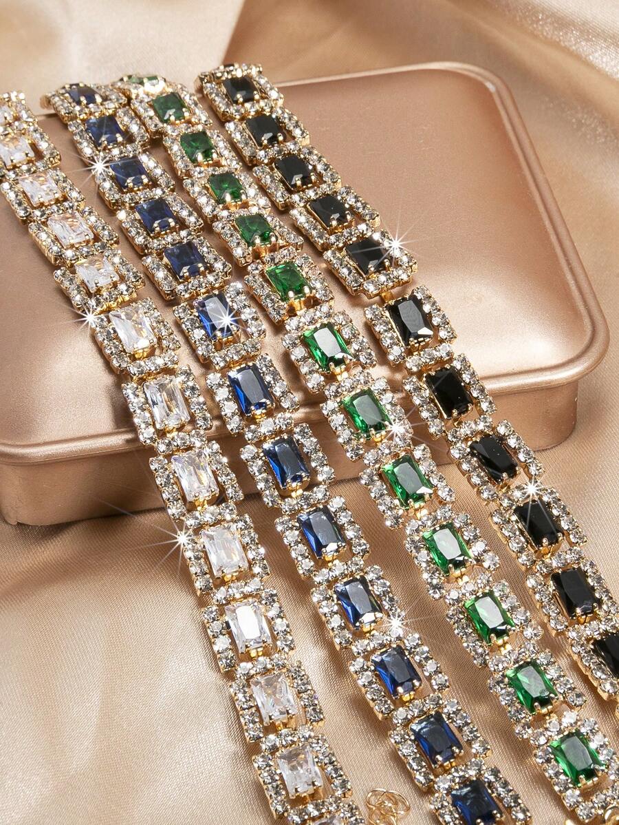 1 pieza Pulsera de cadena con piedra rectangular de circonita cúbica de varios colores rodeada de rhinestones, ajustable para que las mujeres la usen a diario, en vacaciones, fiestas, bodas, como regalo
