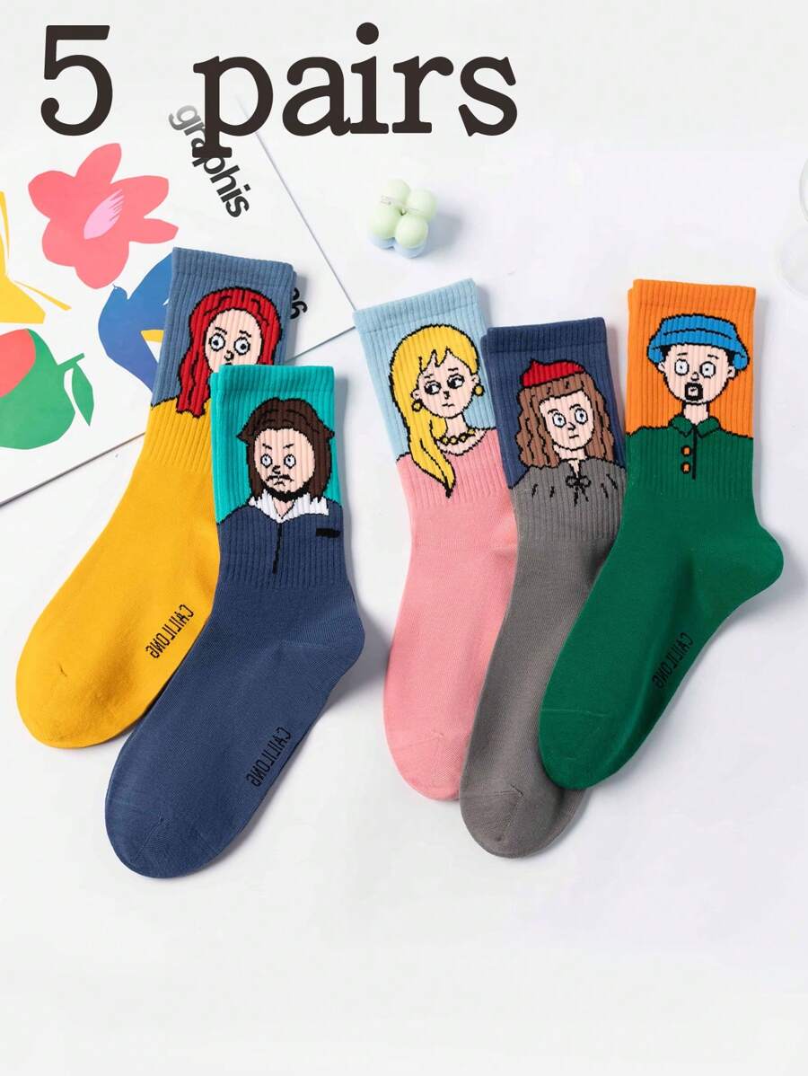 5 Pairs Unisex Mixed Color Original Abstract Artistic Illustration Design Fashionable Sports Mid-Calf Socks, Suitable For Everyday Wear