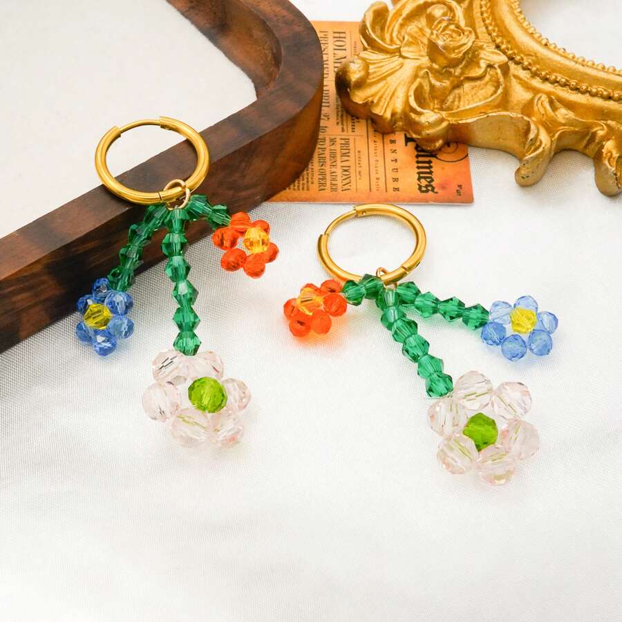 1 Pair Elegant Fashion Crystal Braided Beaded Flower Hoop Earrings, 18K Gold Plated Stainless Steel, Cute & Sweet Style For Women's Daily Wear