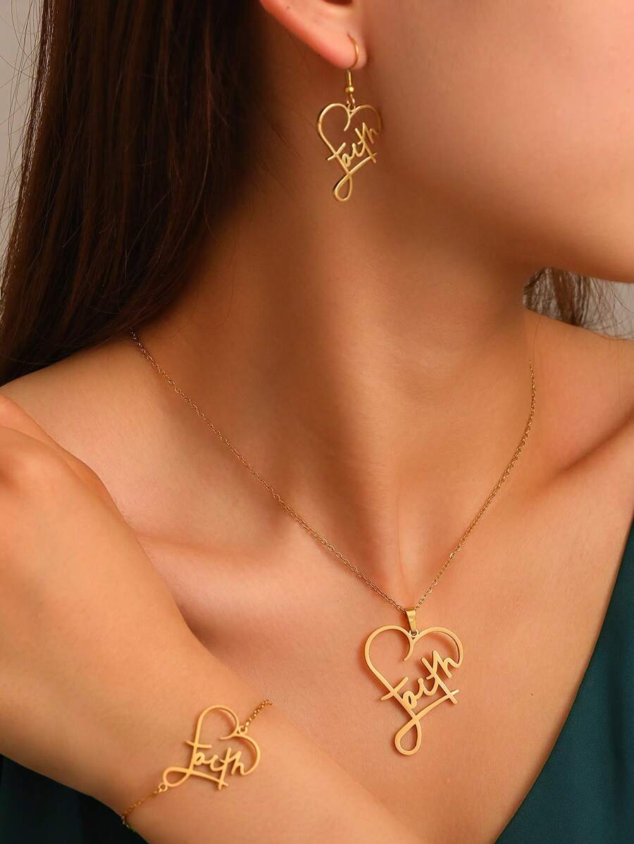4 Peças Conjunto de Joias com Colar Pingente de Coração Oco, Brincos e Anel, Elegante e Doce