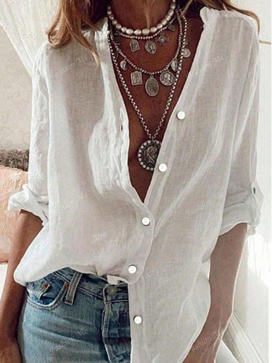 Blusa casual a maniche lunghe con polsini per donne