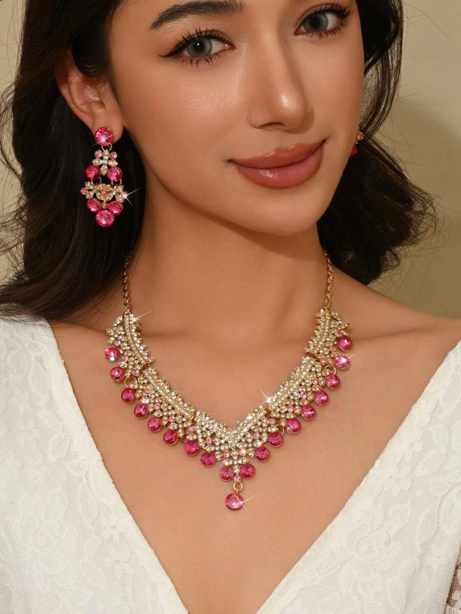 3pcs/Set Women's Fashion Luxury Pink Necklace & Earrings Jewelry Set, Bridal Wedding Dress Accessories, Women Jewelry Suit For Wedding, Party, Banquet, Prom