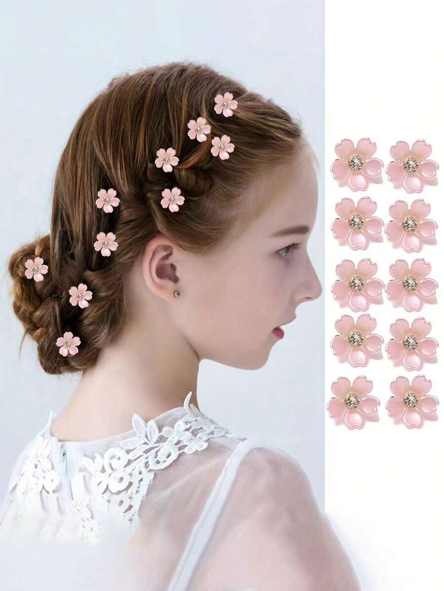 10 pièces Pinces à cheveux fleuries faites à la main, Élégantes pinces à cheveux de mariée, Pinces couronne de fleurs pour chignon de princesse, Accessoires de mariage, Mini pinces tresses, Décorations capillaires gracieuses, Pinces à griffes, Pinces pour cheveux, Barrettes, Pinces à cheveux
