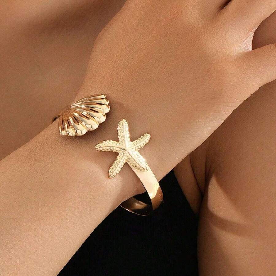 Pulseira de punho estilo estrela do mar e concha, estilo férias de praia, estilo europeu e americano, adequada para uso diário por mulheres