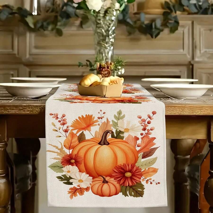 1pc Autumn Series Table Runner, Thanksgiving Theme Table Cloth, Autumn Pumpkin Pattern Table Runner, Maple Leaf Orange Table Runner, Thanksgiving Decor, Home Decor, Holiday Decoration Set, Gift