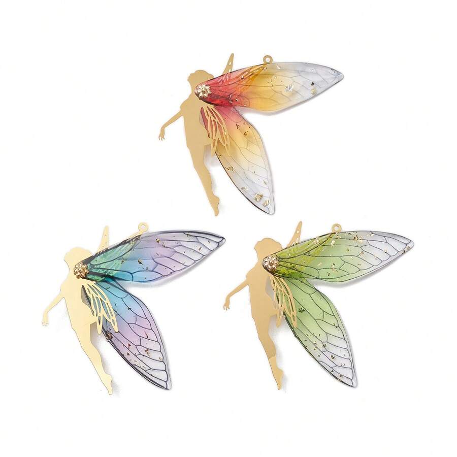 3pcs Brass Angel Big Pendants, Angel Charms With Transparent Epoxy Resin Wings, Golden Color, Mixed Color, 62.5x57x10mm, Hole: 1.4mm And 2mm, For Necklace Bracelet Jewelry Making Supplies
