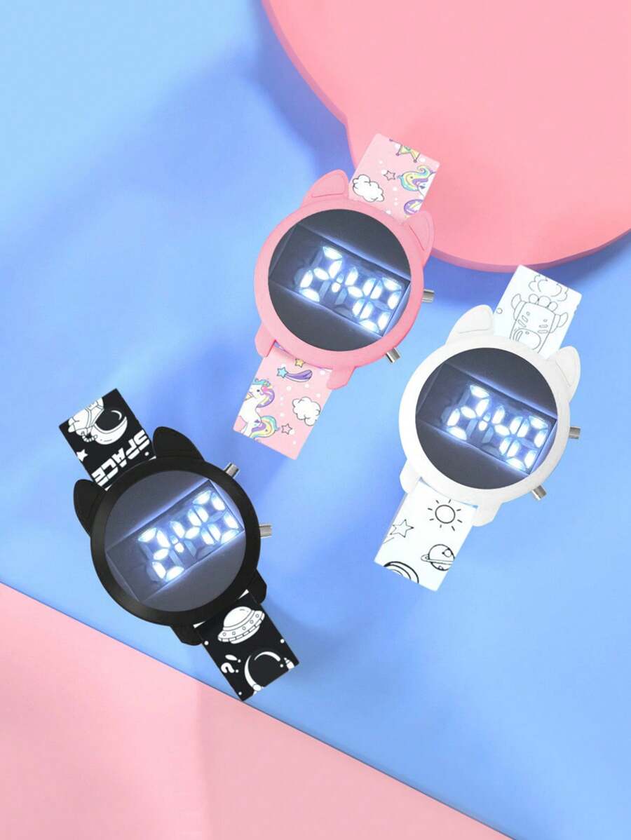 1/3 piezas de un reloj electrónico de estudiante con estampados de gato de dibujos animados, caballo arcoíris, astronauta en correa, moda y versátil, como regalo, regalo de cumpleaños o regalo de festividad