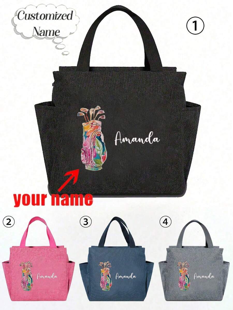1pc Custom Name Portable Insulated Lunch Bag, Printed With Golf Clubs, Large Capacity Lunch Box Bag, Double Pocket Lunch Bag, Suitable For Students, Beginners And Office Workers, Large Capacity Student Meal Thick Aluminum Foil Portable Insulated Box,