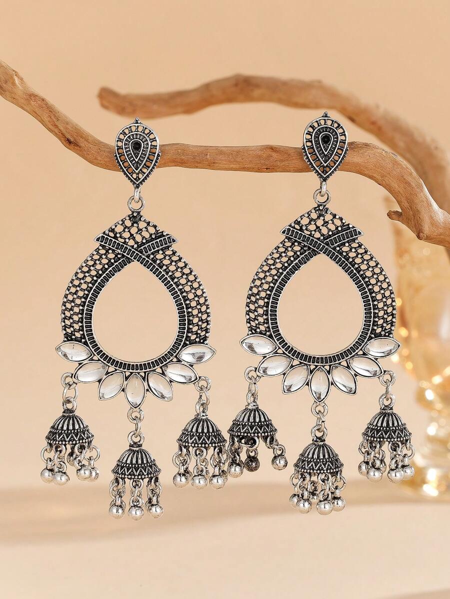 Elegant Boho Jewelry Hollow Droplet Earrings, Teardrop Rhinestone Inlay With Charm Tassel Pendant Suitable For Women's Festival, Party, Daily Wear