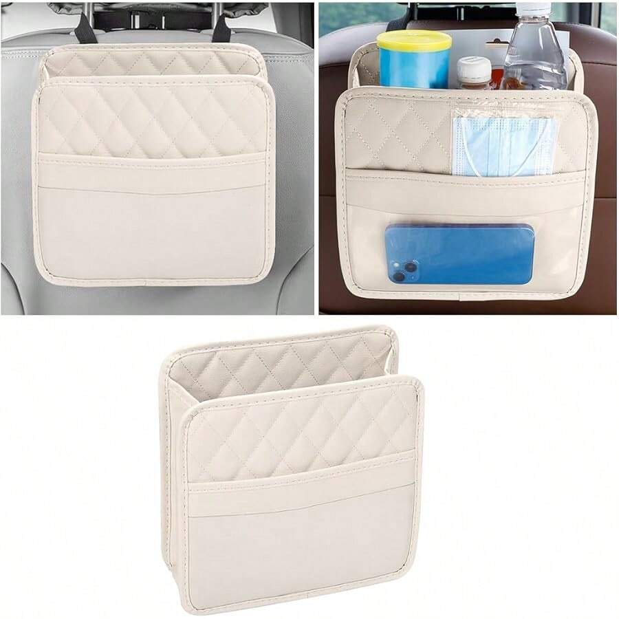 Car Seat Back Organizer, PU Leather Vehicle Backseat Hanging Storage Pocket, Multipurpose Auto Travel Essentials Accessories For Kids & Adults, Universal For Most Cars (Beige)