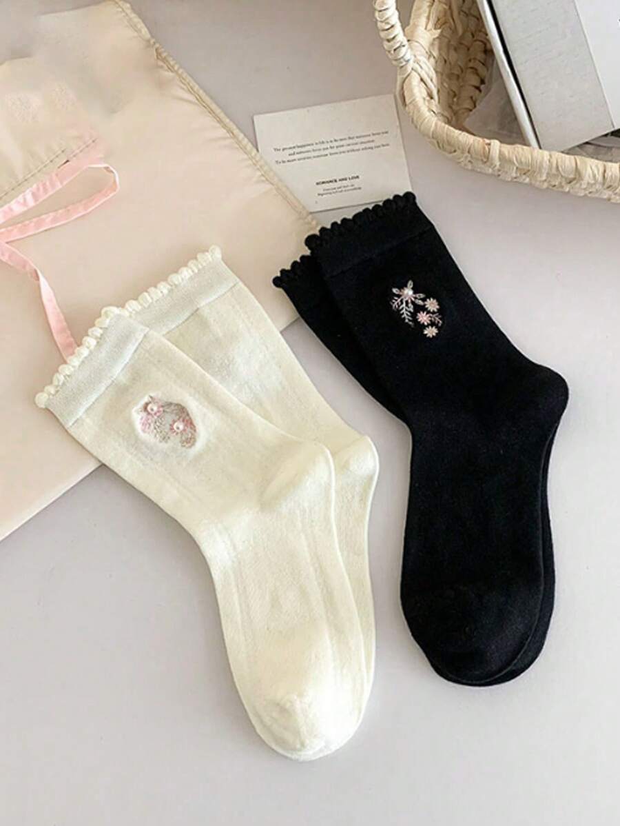 1 Par de Meias Médias Femininas com Bordado de Flores, Meias de Renda Versáteis Estilo Academia Doce, Primavera/Verão