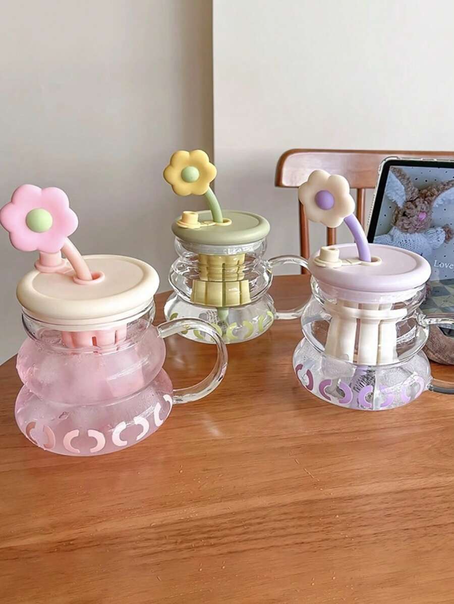 Hochwertige Glas-Trinkflasche für Frauen mit elegantem Aussehen, niedlichem Blumenmuster, inspiriert vom Stil von Teenager Mädchen. Bürotasse mit getrennten Tee- und Wasserbereichen.