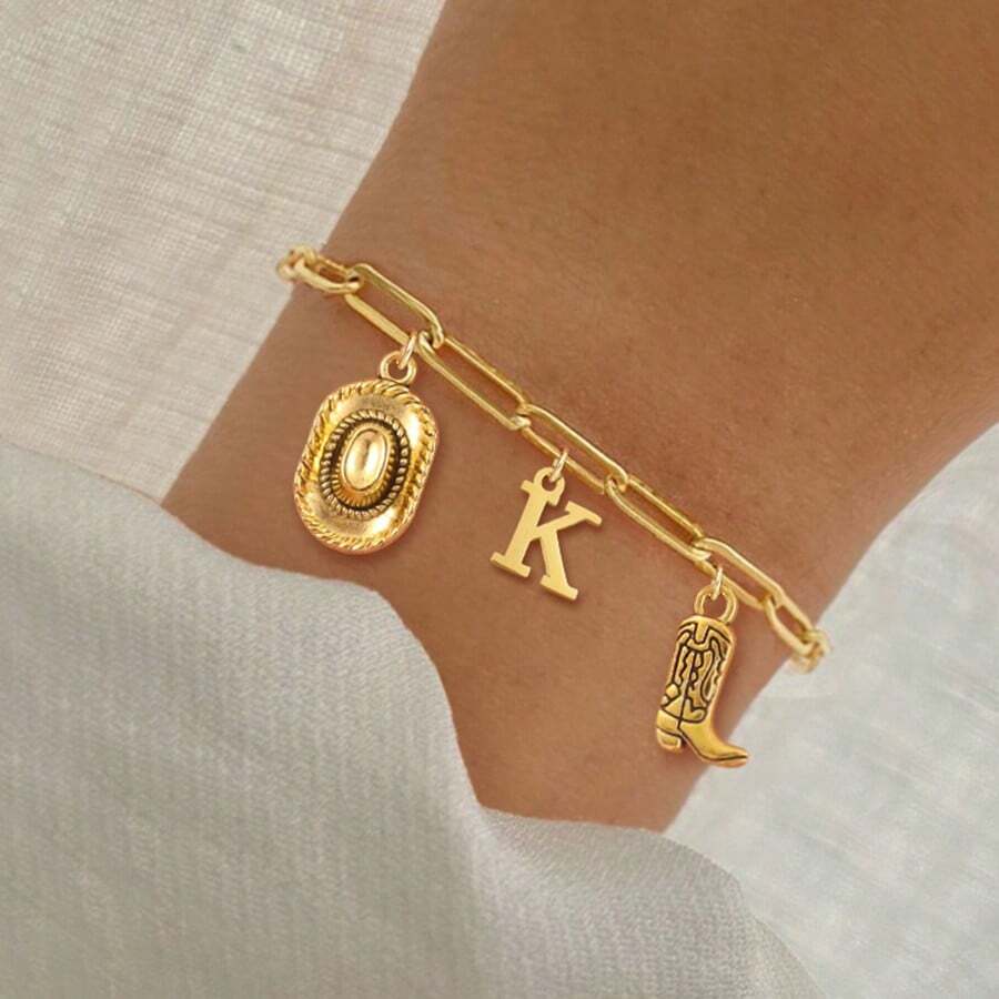 1 Peça Clipe de Papel em Aço Inoxidável Dourado em Estilo Ocidental de Botas e Chapéu de Cowboy com Inicial da Moda Clássica, Pulseira para Mulheres