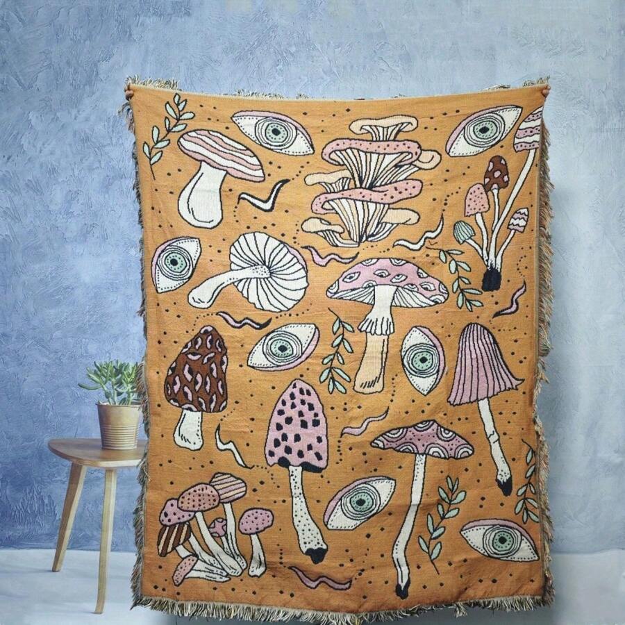 1pc Pink Mushroom Jacquard Tassel Knitted Blanket, Sofa Throw, Nap Blanket, Air-Conditioning Blanket, Car Blanket, Wall Hanging, Picnic Mat, Camping Rug, Thick Soft, Washable, No-Fading & Pilling, Suitable For Home Decor And Outdoor Picnic