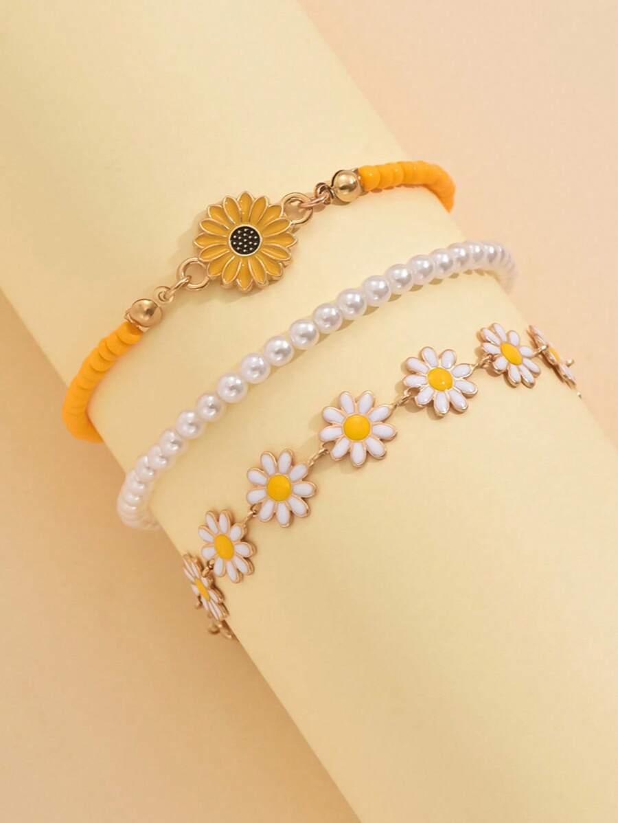 3pcs/Set Oil Drop Flower Design Sunflower Pearl Bracelets, Cute Bohemian Style Daisy Bracelets For Girls