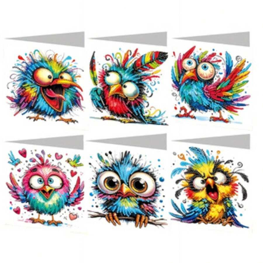 6er Set Diamant-Malerei Karten, DIY Cartoon Vögel & Abstrakte Vögel Muster Handgefertigte Urlaubsgrußkarten mit Umschlägen, DIY Diamant-Kunst Bastelei, Geburtstagskarte, kreatives Geschenk, Urlaubsgeschenk