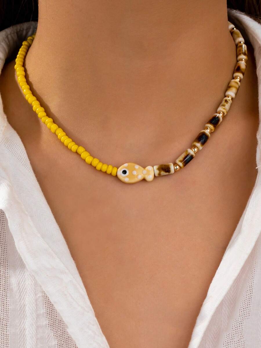 1pc Handmade Fish Beaded Necklace, Summer Boho Style Jewelry Suitable For Beach Vacation, Travel Accessories (Colors And Shapes Have Randomness)
