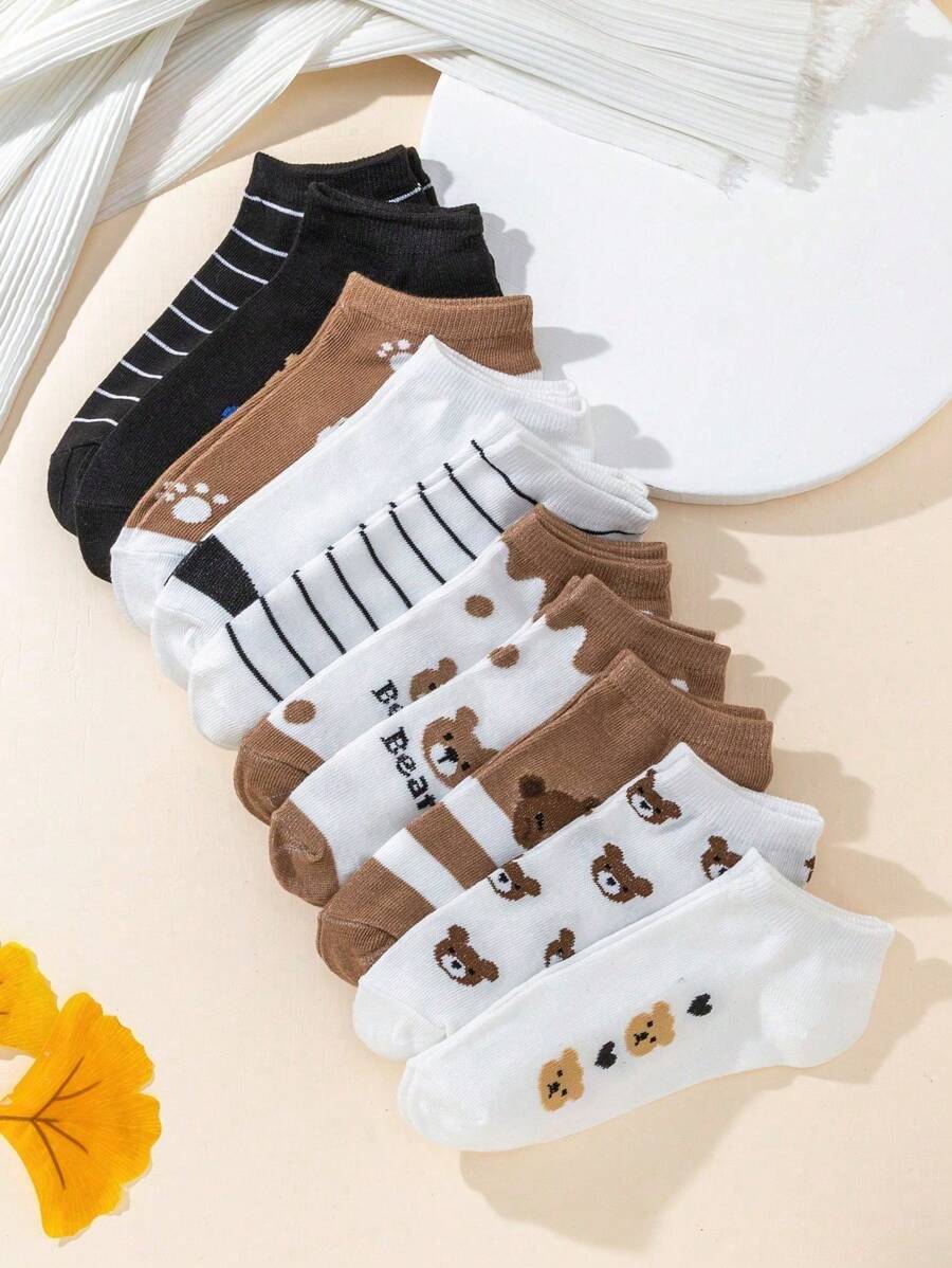 10 Pairs Kids/Youth Cartoon Bear Print Fashionable Versatile Comfortable Short Socks