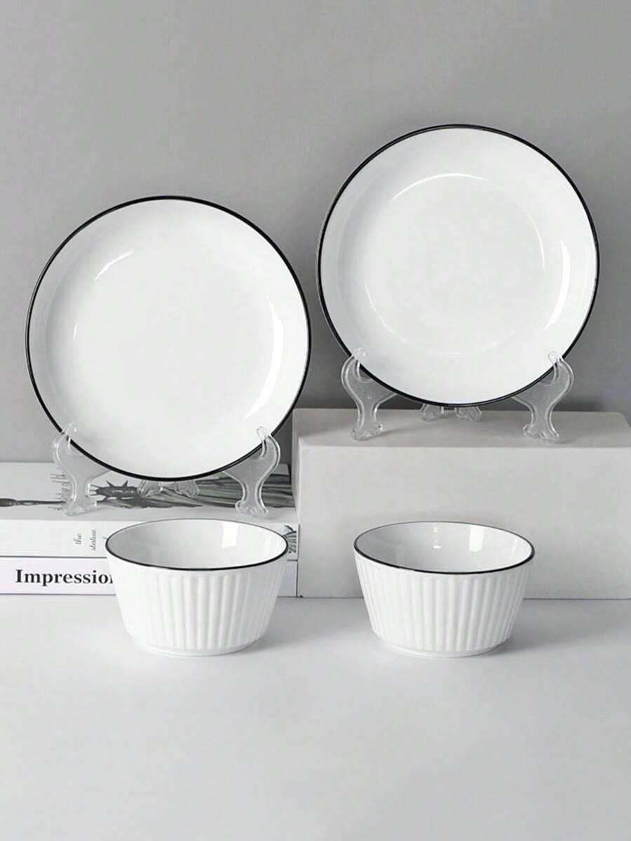 4pcs/2pcs Ceramic Vertical Stripe Bowls 5.1 Inches And Plates 6.9 Inches, Simple Handmade Ceramic Tableware, Japanese Rice Bowls, Dessert Bowls, Suitable For Home Kitchen, Dining Party, Kitchen Utensils, Oven And Microwave Friendly