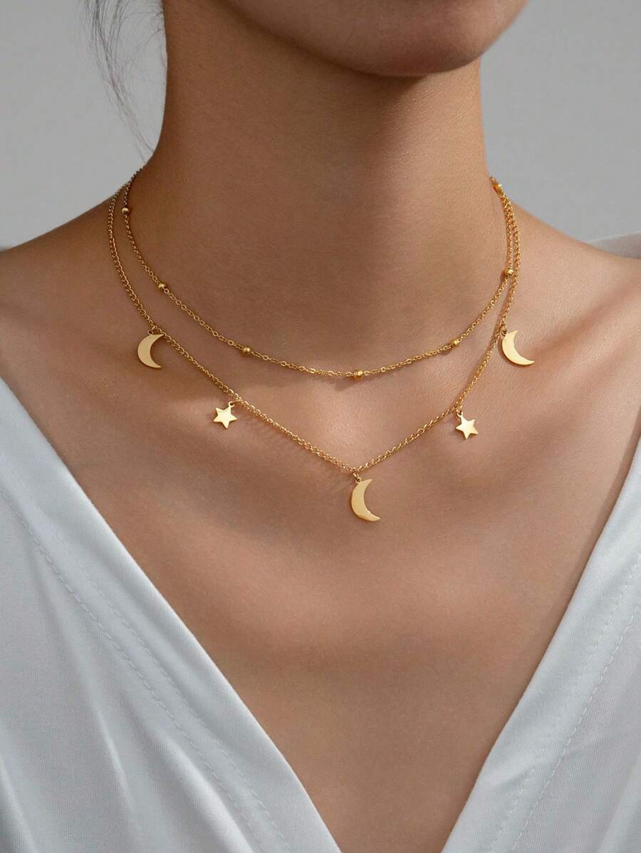 1pc Women Fashion Necklace With Star & Moon Pendant, Double Layer Simple Geometric Beaded Choker Necklace