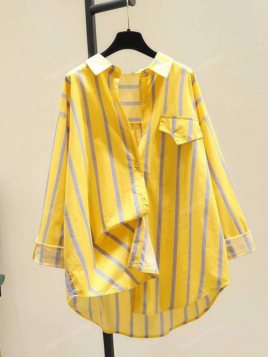Women's Striped Color Block Button Asymmetric Hem Long Sleeve Shirt Blouse - Day To Night Versatile Top