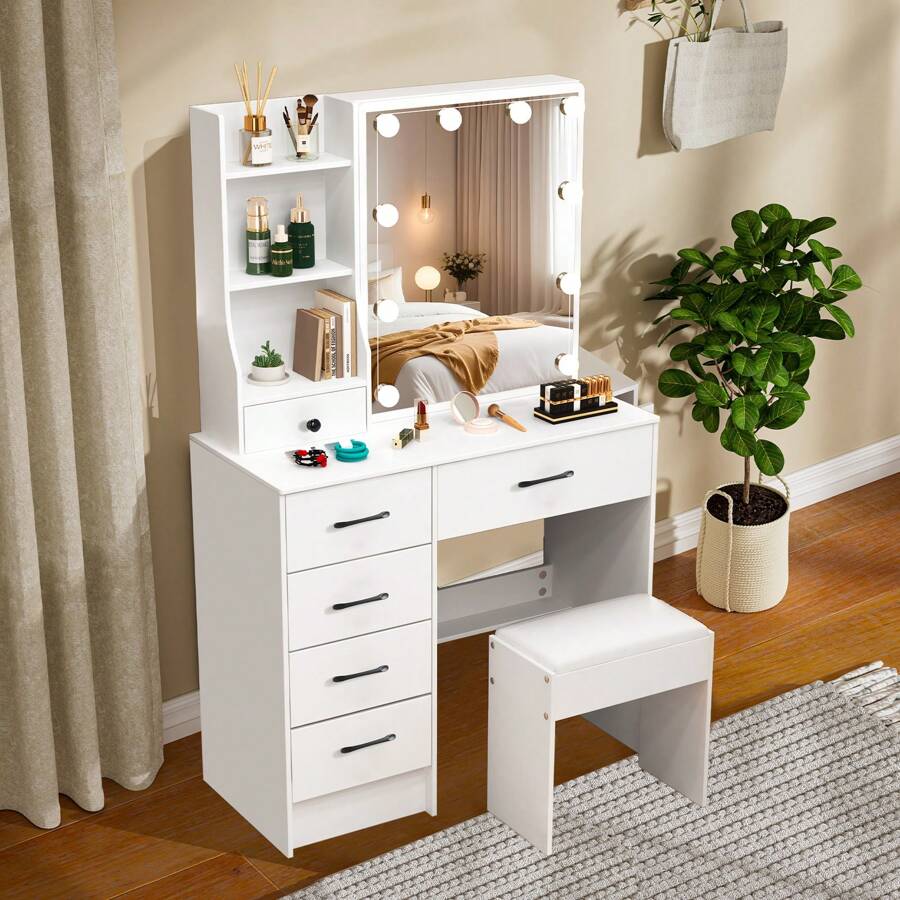 Dressing Table Desk LED Lights Mirror Stool Drawers Vanity Makeup Desk Set - LED Sliding Mirror Vanity Makeup Desk Set