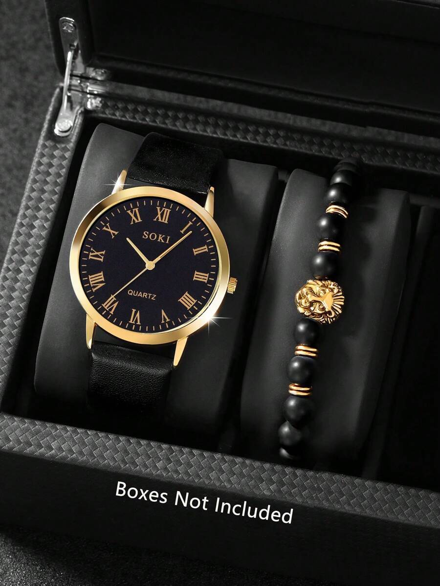 LIANDU LIANDU 2 Stück/Set Herrenuhr Mode Lässig Quarz Rundes Zifferblatt Armbanduhr und Löwenkopf Perlenarmband Schmuckset, geeignet für den täglichen Gebrauch, Schulanfangszeit, Abschlusszeit, Thanksgiving, Paare, die besten Geschenke, Uhrenbox nicht enthalten