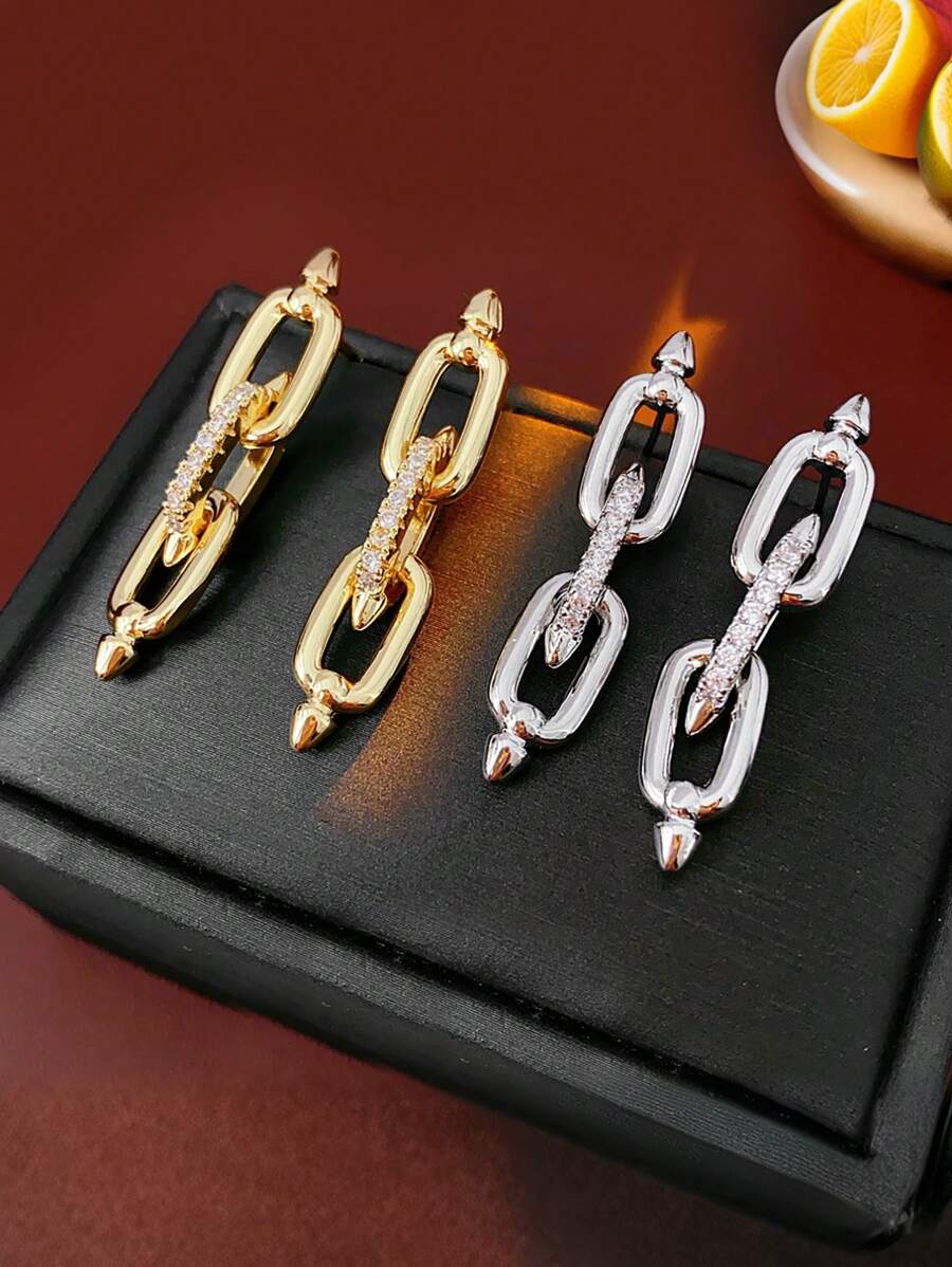 Zirconia Chain Pendant Stud Earrings, Synthetic Cubic Zirconium Oxide, Silver Ear Needle Low-Allergy Women's Earrings, Elegant Ladies' Jewelry For Multiple Occasions