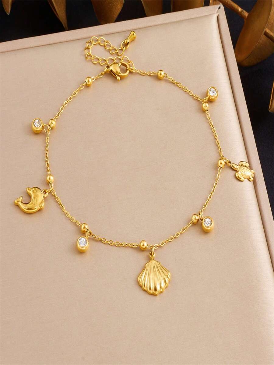 1 Fashionable And Versatile Daily Wear Gold-Plated Stainless Steel Chain, Scallop Turtle Dolphin Pendant, Foot Accessory, Ankle Chain