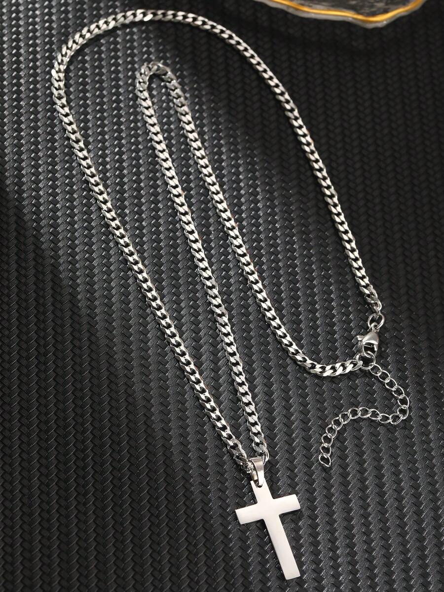 1pc Stainless Steel Men's Gift Cross Pendant Necklace With Matte Chain, Suitable For Daily Wear, Jewelry Gift