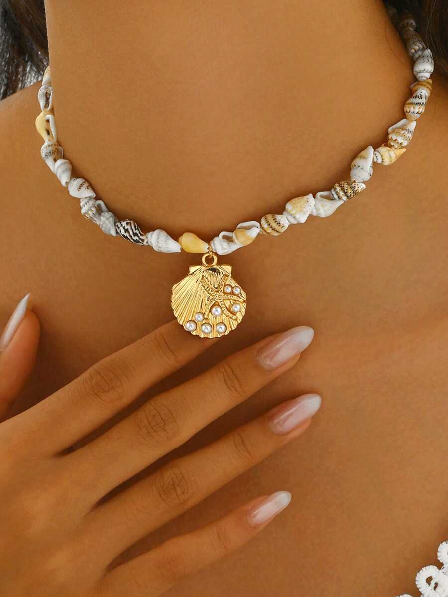 1 pieza Collar de concha natural hecho a mano con cuentas, estilo bohemio, con colgante de concha y perla, diseño de estilo oceánico a la moda para mujeres, adecuado para viajes, fiestas y combinación diaria, el tamaño y el color de la concha natural son aleatorios